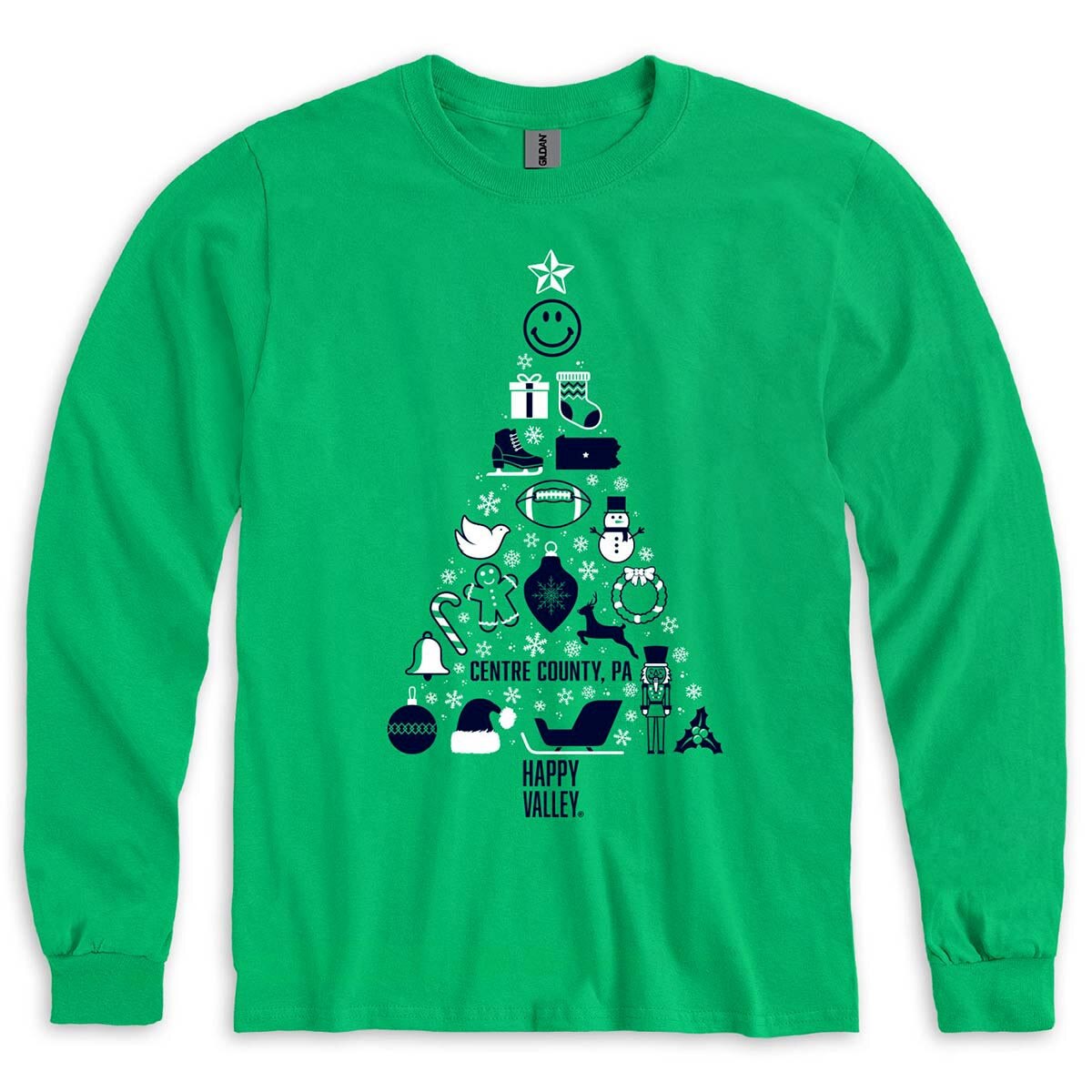 Kelly green long sleeve t-shirt Happy Valley holiday icon tree